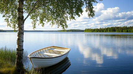 A serene landscape capturing a white, simple wooden boat moored to a birch tree beside a lake in Finland, epitomizing a peaceful summer day at the lake, Ideal for a quiet lake vacation