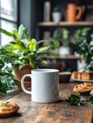 Blank white mug mockup on a rustic wooden table surrounded by fresh coffee and pastries.