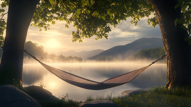 A serene summer camping scene at a lake, featuring an empty hammock between two trees with a view of a foggy mountain lake at sunrise, The scene promotes an outdoor and adventure theme