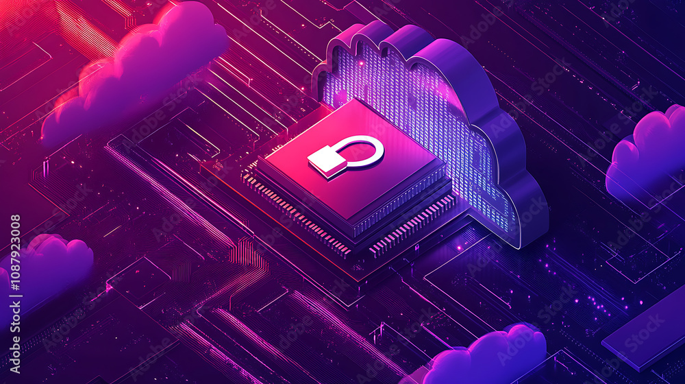 Aufkleber A digital illustration of a secure cloud storage concept, featuring a metallic microchip with a padlock symbolizing data protection and cybersecurity in cloud computing