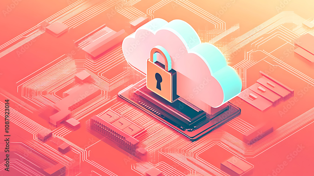 Aufkleber A digital illustration of a secure cloud storage concept, featuring a metallic microchip with a padlock symbolizing data protection and cybersecurity in cloud computing
