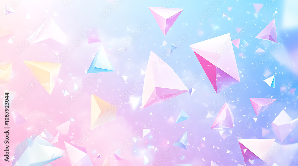Poster a background with pastel colored triangles and squares floating in the air, creating an abstract des