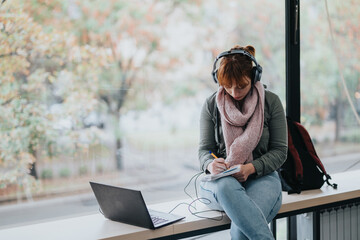 A young female student wearing headphones, sitting by a window, studying with a laptop and...