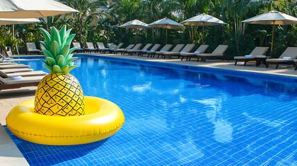 A vacant rectangular blue swimming pool with sun loungers and umbrellas, large inflatable yellow pineapple floating tube, Renting real estate or enjoying a relaxing summer vacation at a luxury resort