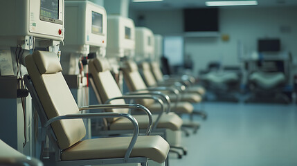 A blood donation center with a row of empty chairs and medical equipment, symbolizing the life-saving act of donating blood