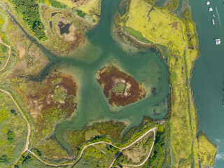 Broad Meadows Marsh aerial view between Town River Bay and Quincy Bay in city of Quincy, Massachusetts MA, USA. 