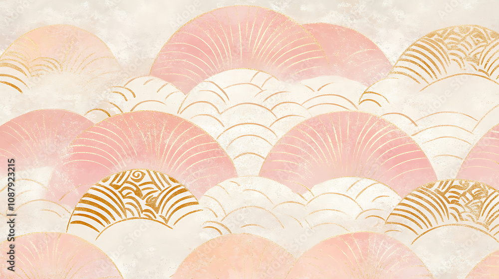 Aufkleber A pink and gold Japanese pattern with small abstract shapes on the bottom of an empty cream background