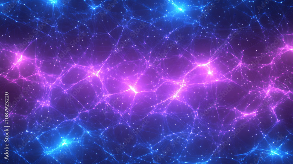 Poster abstract background with glowing purple stars and lines on blue gradient background