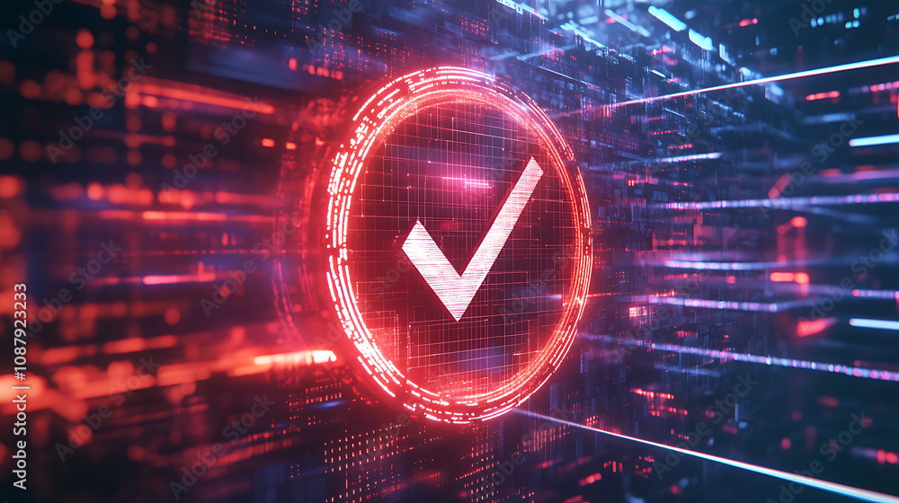 Leinwandbilder A futuristic digital shield with a checkmark symbol on it, representing security and protection in the abstract space of data technology