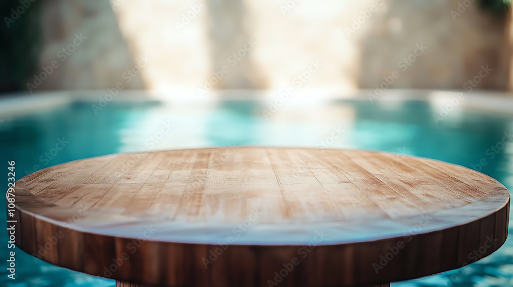 Poster a round wooden table with a blurred background of an empty swimming pool outdoors on a bright summer