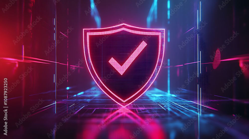 Poster A futuristic digital shield with a checkmark symbol on it, representing security and protection in the abstract space of data technology