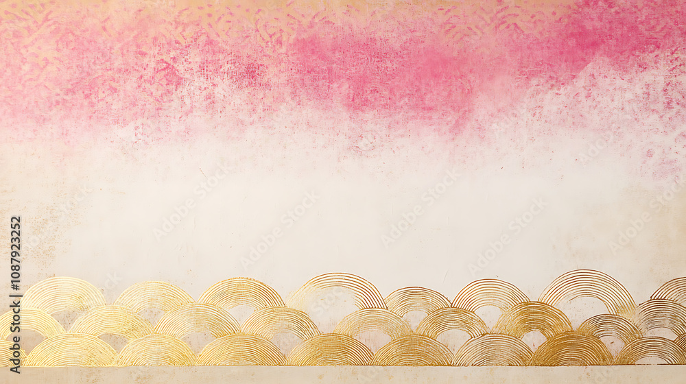 Aufkleber A pink and gold Japanese pattern with small abstract shapes on the bottom of an empty cream background