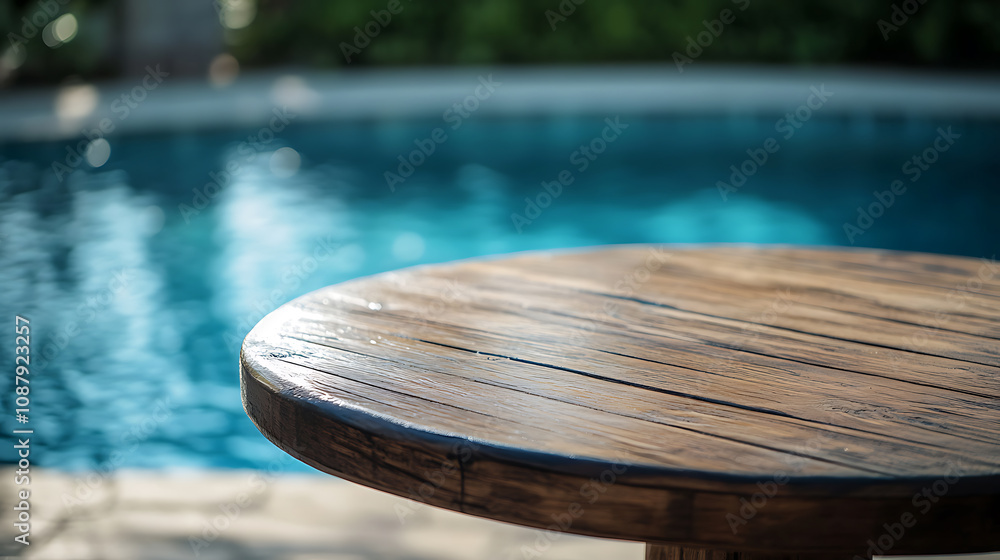 Aufkleber a round wooden table with a blurred background of an empty swimming pool outdoors on a bright summer