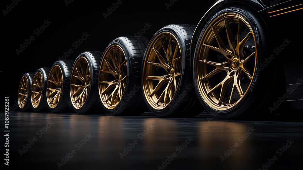 Poster a row of black and gold wheels with new tires is displayed against a dark background, symbolizing qu