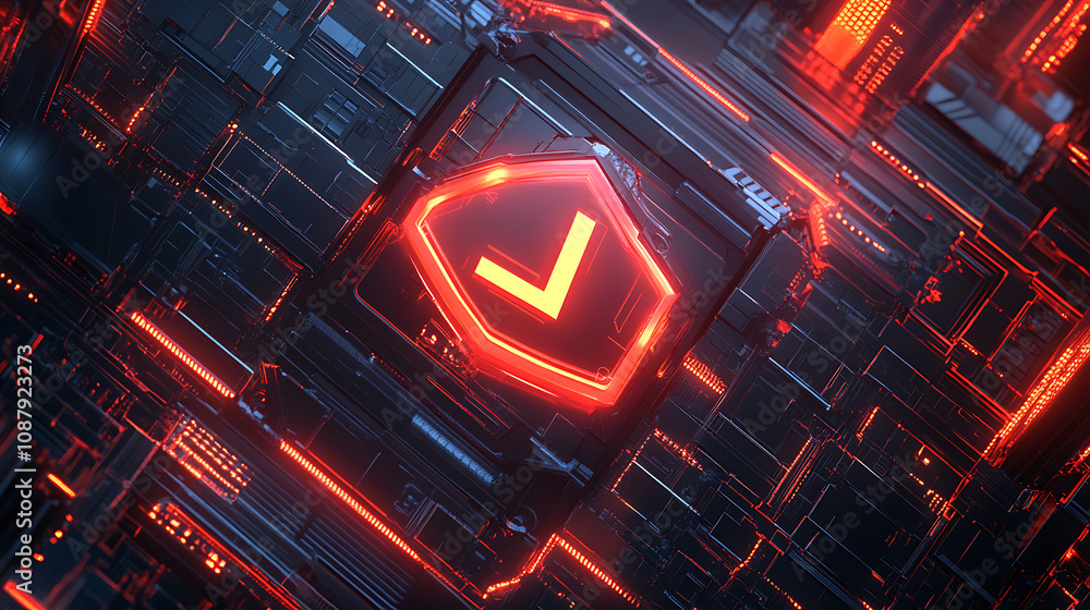 Aufkleber A futuristic digital shield with a checkmark symbol on it, representing security and protection in the abstract space of data technology