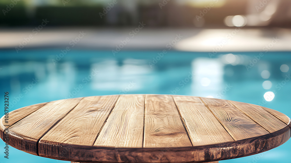 Poster a round wooden table with a blurred background of an empty swimming pool outdoors on a bright summer
