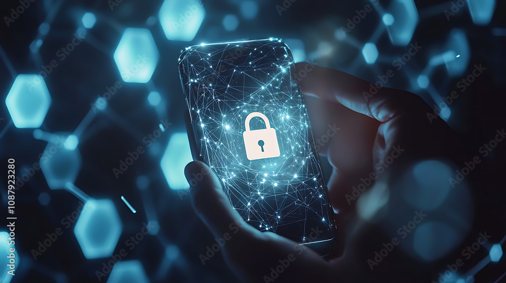 Poster a hand holding an phone with the digital padlock symbol glowing on top of it, against a background o