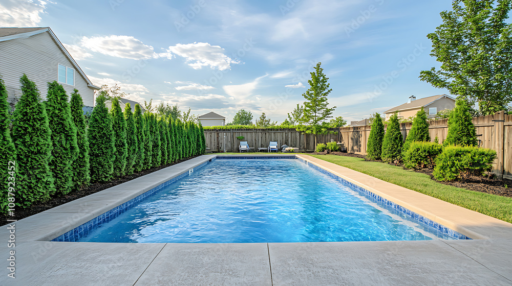 Aufkleber a newly constructed rectangular swimming pool with tan concrete edges, situated in the fenced backya