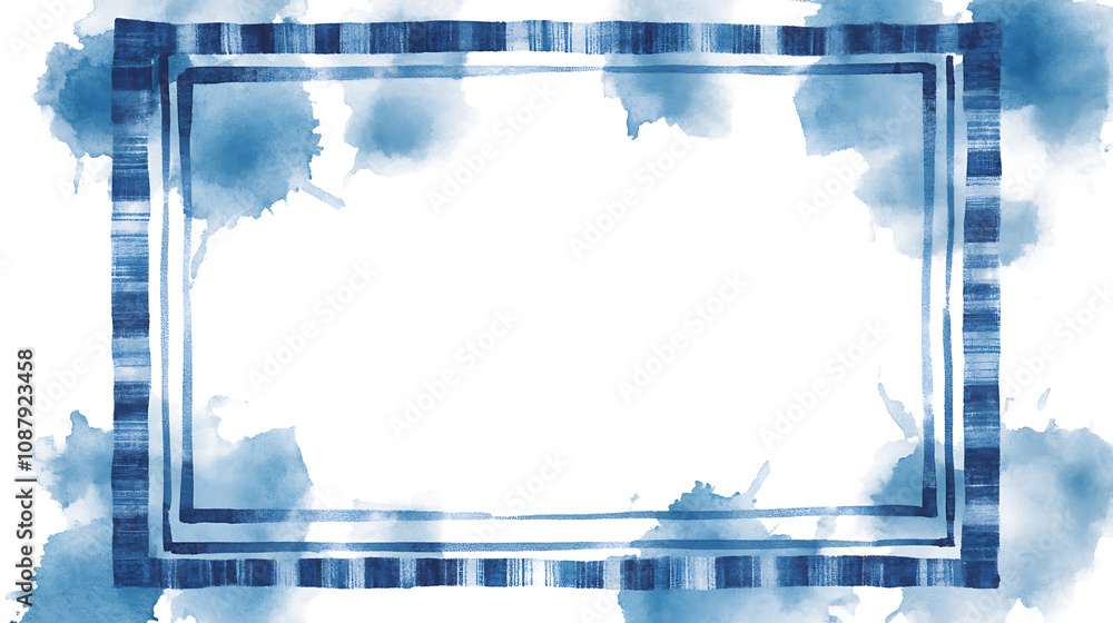 Poster a white background with a blue watercolor plaid patterned frame, with a simple and minimalistic desi