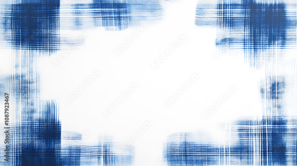 Poster a white background with a blue watercolor plaid patterned frame, with a simple and minimalistic desi