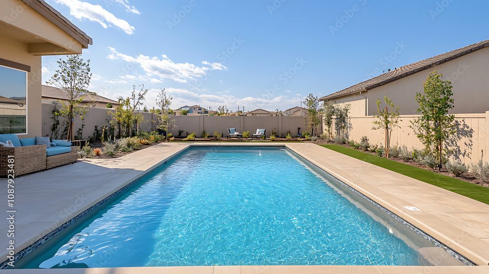 Aufkleber a newly constructed rectangular swimming pool with tan concrete edges, situated in the fenced backya