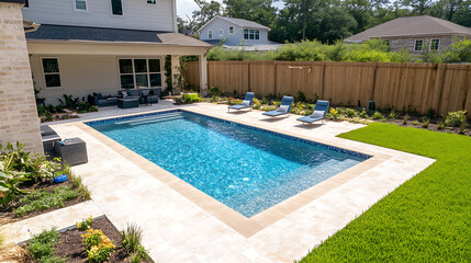 Fototapeta premium A newly constructed rectangular swimming pool with tan concrete edges, situated in the fenced backyard of a new house