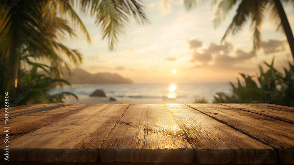 Poster a wooden table with a blurred background of palm trees and the sea, creating an exotic summer concep