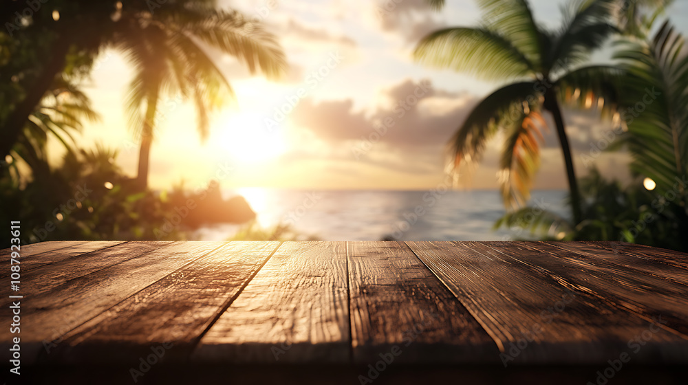 Aufkleber A wooden table with a blurred background of palm trees and the sea, creating an exotic summer concept