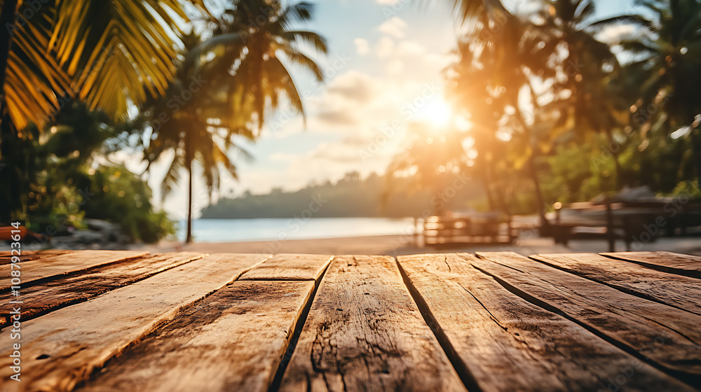 Aufkleber a wooden table with a blurred background of palm trees and the sea, creating an exotic summer concep