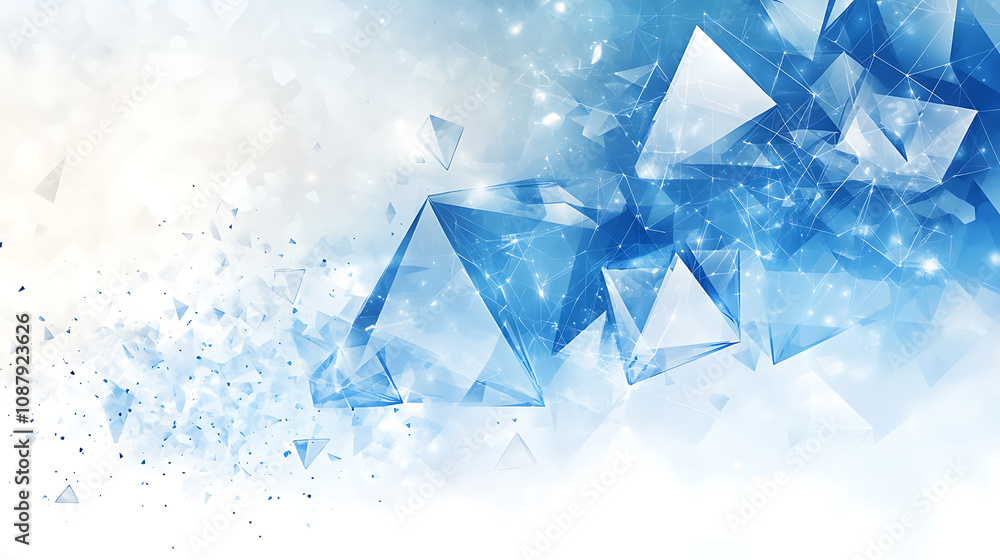Aufkleber abstract background with blue triangles and flying particles on a white background