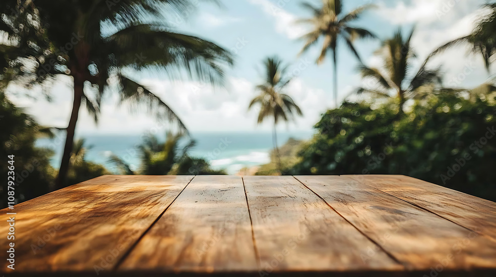 Poster a wooden table with a blurred background of palm trees and the sea, creating an exotic summer concep