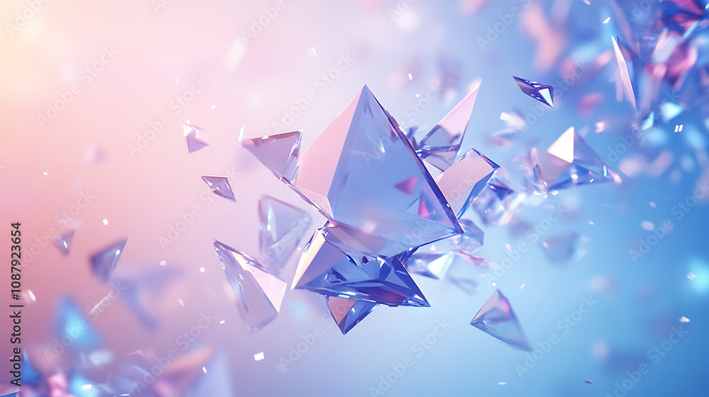 Poster Abstract background with blue triangles and flying particles on a white background