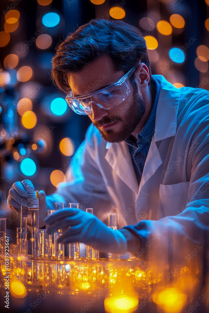 Poster a scientist analyzes samples in a lab with colorful lights, merging science and artistry during an e