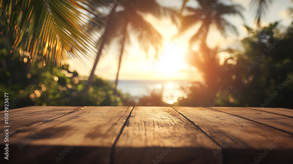 Poster a wooden table with a blurred background of palm trees and the sea, creating an exotic summer concep