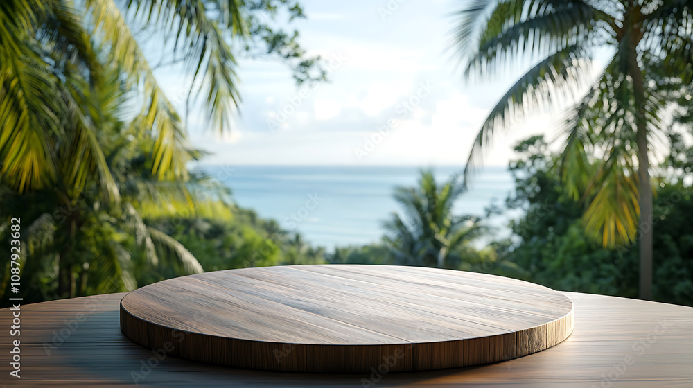 Poster a wooden table with a blurred background of palm trees and the sea, creating an exotic summer concep