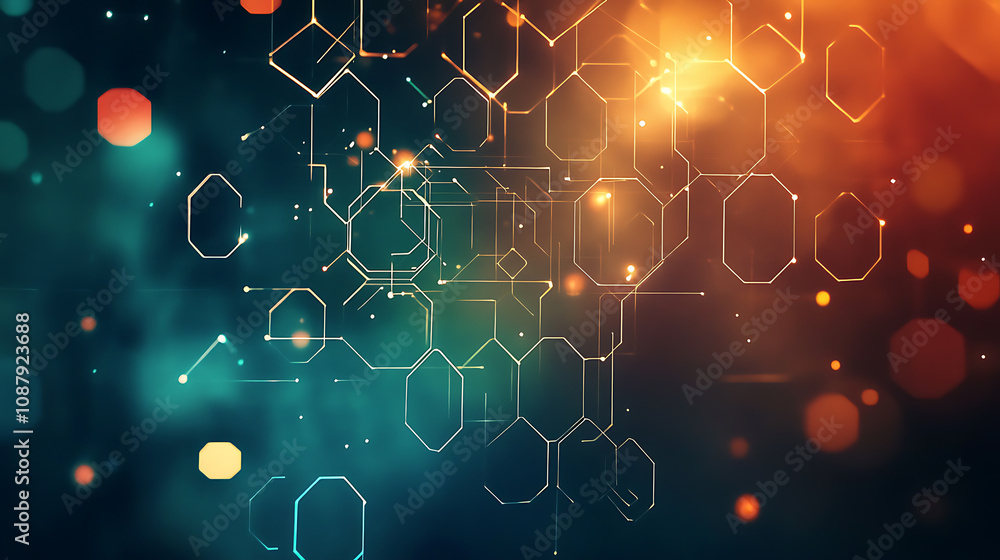 Aufkleber a digital illustration of an abstract background with hexagons and icons representing technology, in