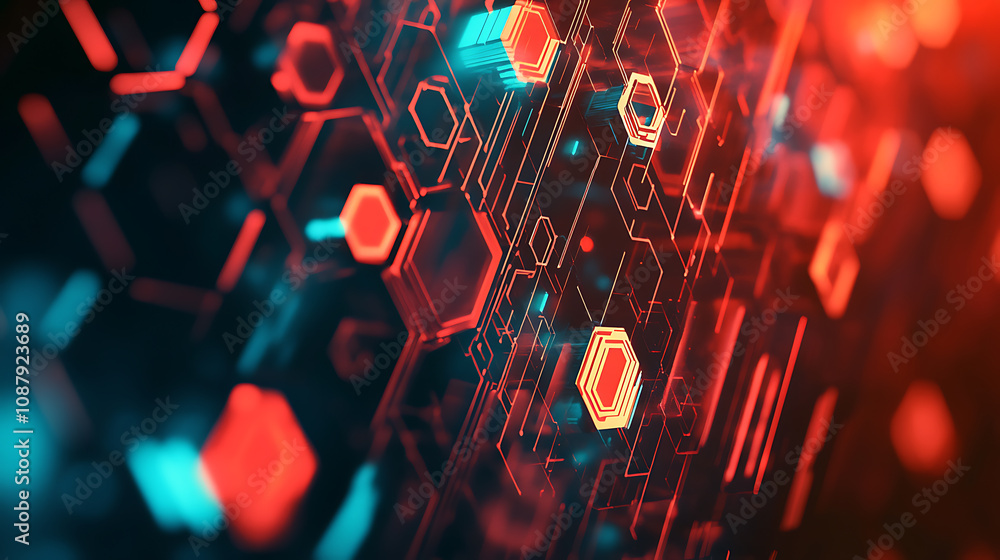 Poster a digital illustration of an abstract background with hexagons and icons representing technology, in