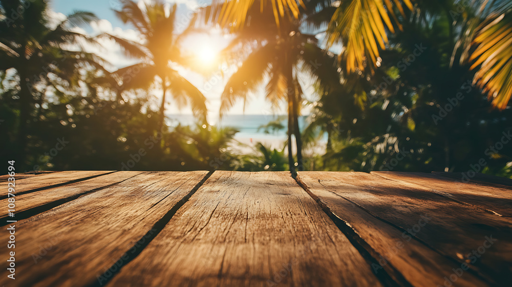 Poster a wooden table with a blurred background of palm trees and the sea, creating an exotic summer concep