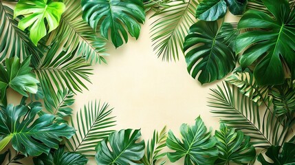 A vibrant arrangement of tropical leaves framing a light background for design purposes.