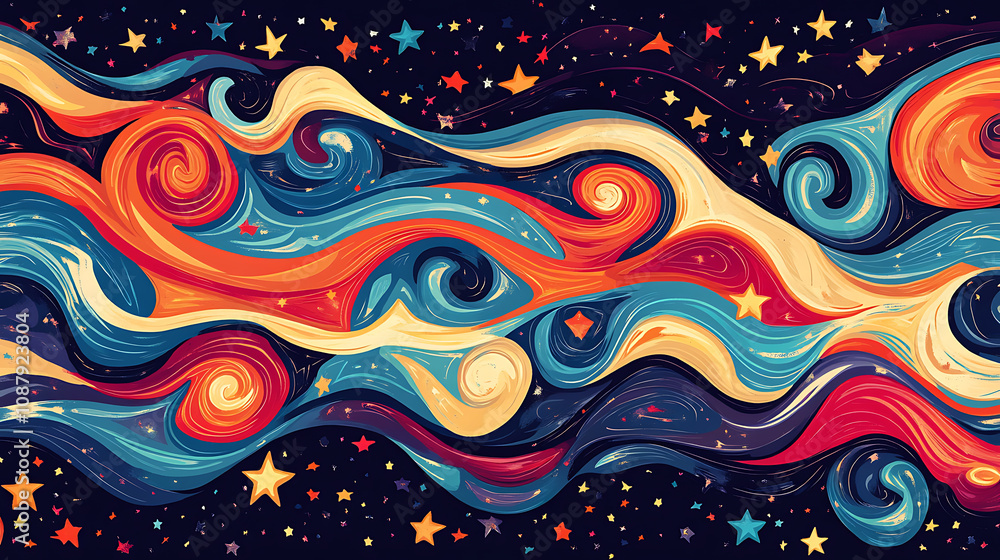 Poster colorful psychedelic background with swirling waves and stars retro groovy pattern for tshirt print,