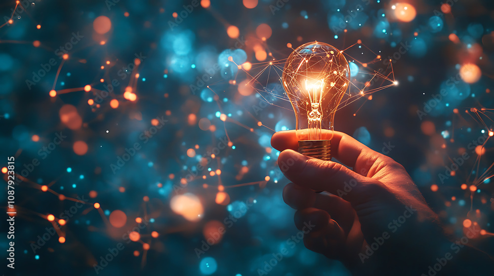 Poster A hand holding a light bulb with a digital network connection representing the connection to ideas and innovation in the concept on a dark blue background