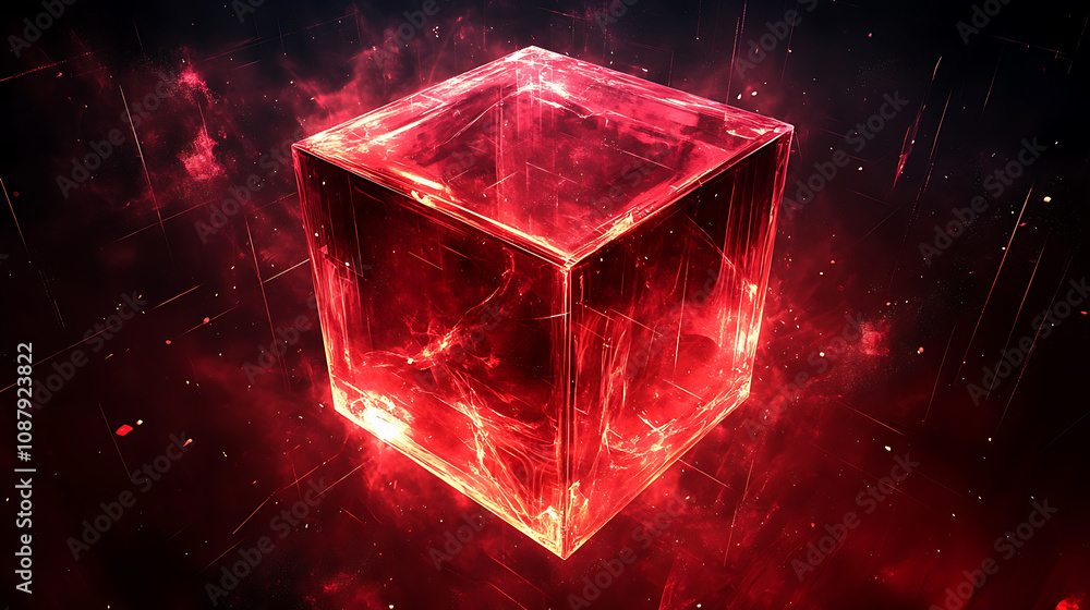 Fototapete A digitally rendered abstract red cube with multiple layers and glowing elements, presented against a dark backdground