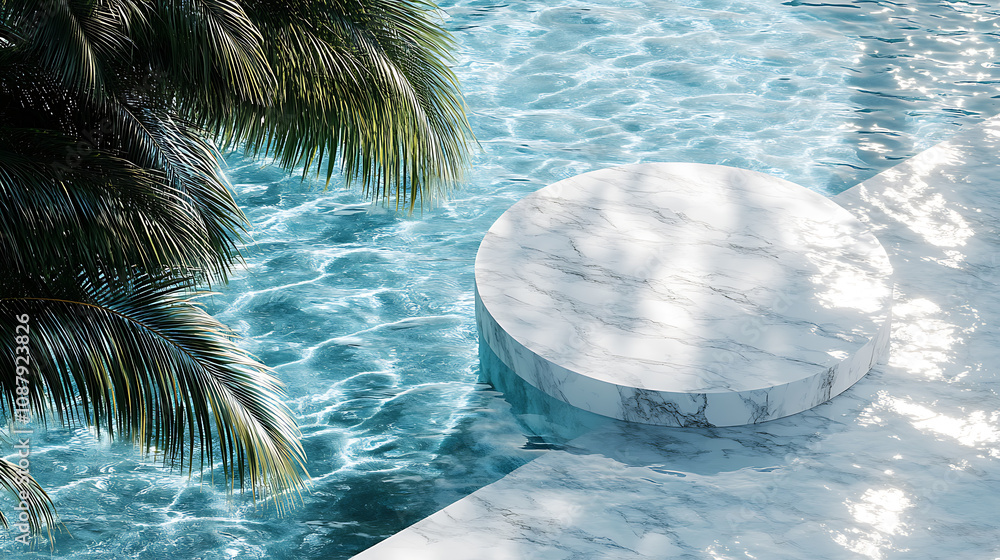 Aufkleber an aerial view of a marble podium stand in swimming pool water, shaded by a palm, creating a summer 