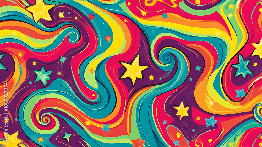 Poster colorful psychedelic background with swirling waves and stars retro groovy pattern for tshirt print,