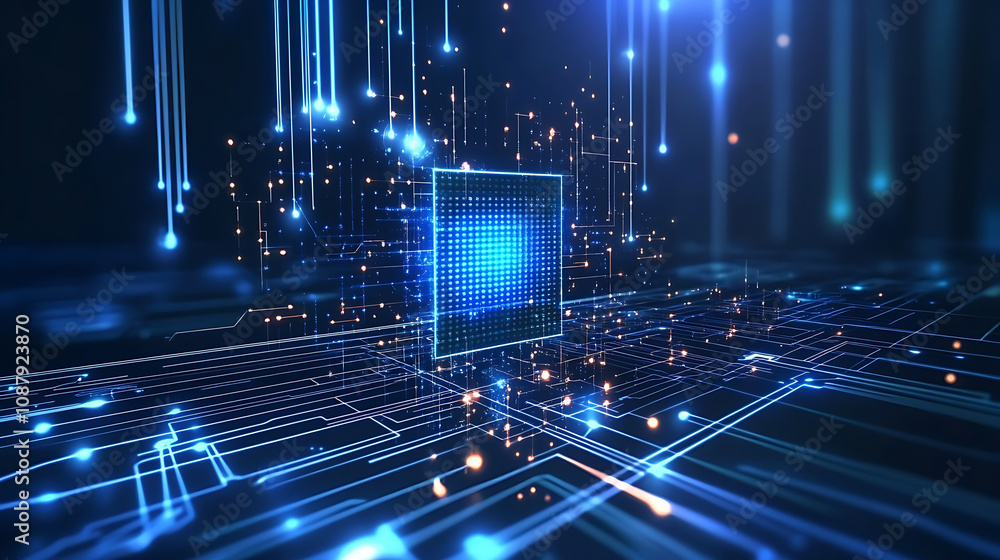 Poster abstract background with digital chip and laser beams, symbolizing the future of technology in ai re