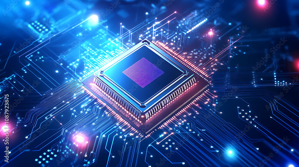 Poster Abstract background with digital chip and laser beams, symbolizing the future of technology in AI research and big data