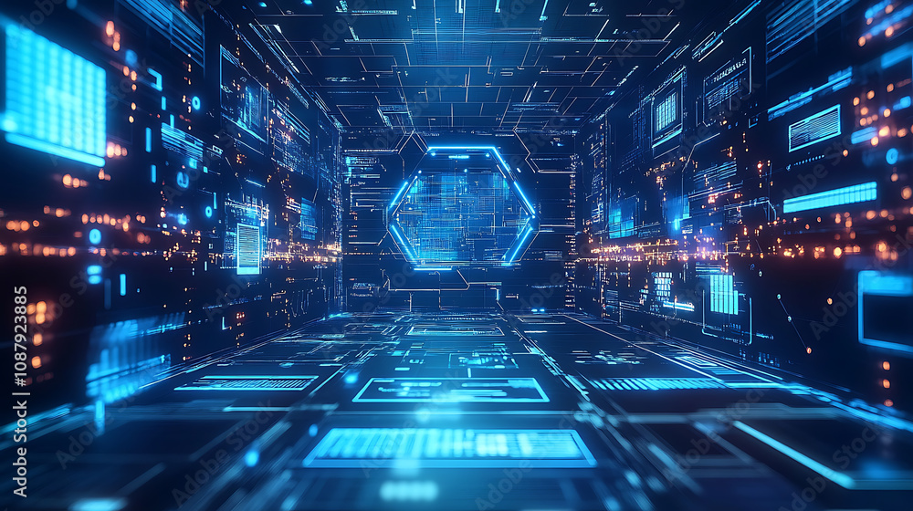 Leinwandbilder abstract blue gear high-tech background with technology, digital and data elements digital future te