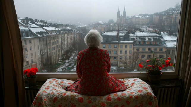An elderly woman sits by a window, reflecting as she observes a rainy urban landscape with historic architecture and soft morning light