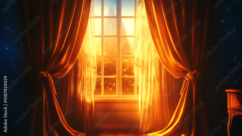 Poster curtains drape over a window brightly illuminated from behind