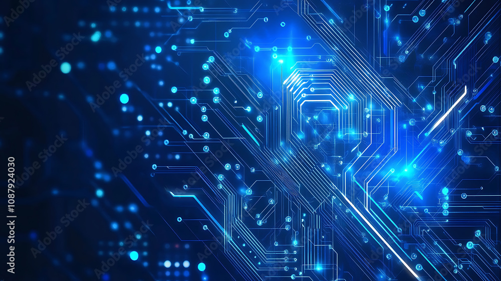 Poster abstract blue technology background with a circuit board pattern and dots on a dark blue banner for 
